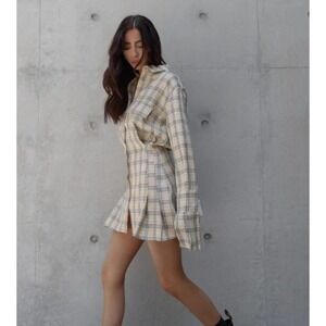 Plaid Shirt Dress LIONESS S Yellow School Mini Preppy Academia Flared Steampunk